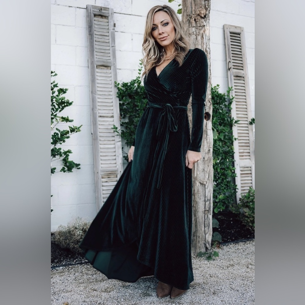 BALTIC BORN Wrap Green Velvet Long Sleeve Dress Midi Maxi Sz XS Holiday Wedding